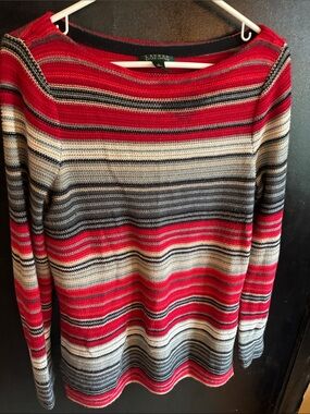 Vintage Lauren Ralph Lauren Red, Gray and White Striped Boatneck Tunic Sweater L